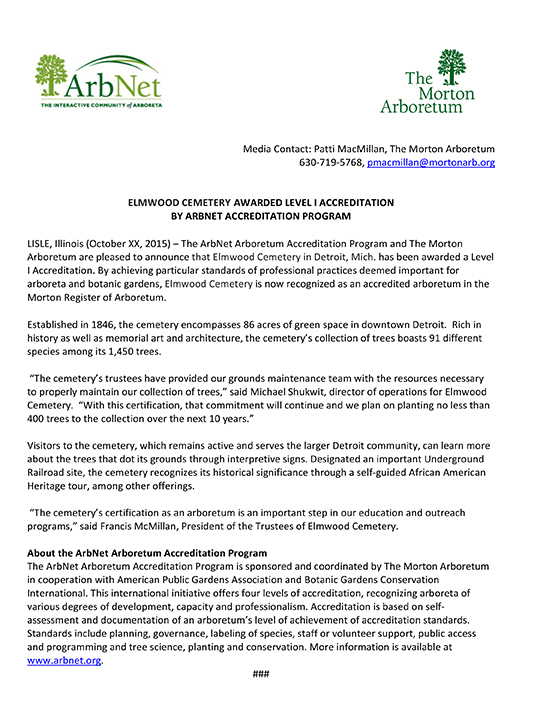 ArbNet Accreditation Elmwood Cemetery P Release post