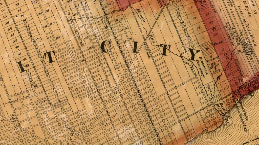 map of bloody run with elmwood cemetery and riverfront